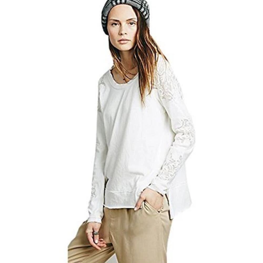 Free People Outer Sunset Ivory White Lace Insert Long Sleeve Boho Knit Top XS